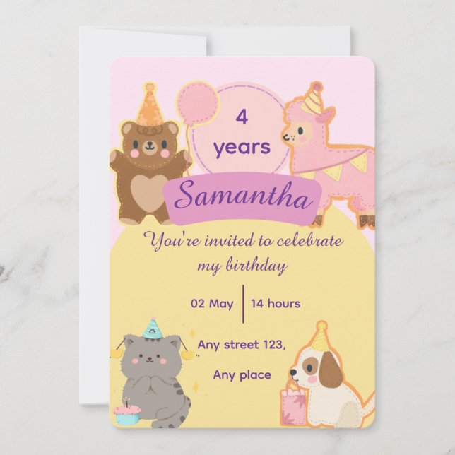Cute Teddy Bear 4th Birthday Editable Template (Front)