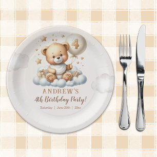 Cute Teddy Bear 4th Birthday  Paper Plate
