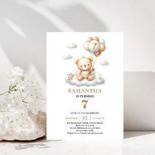 Cute Teddy Bear 7th Birthday Gold Balloon Invite