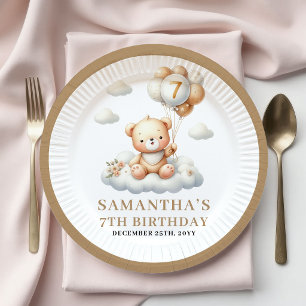 Cute Teddy Bear 7th Birthday Gold Party Plates