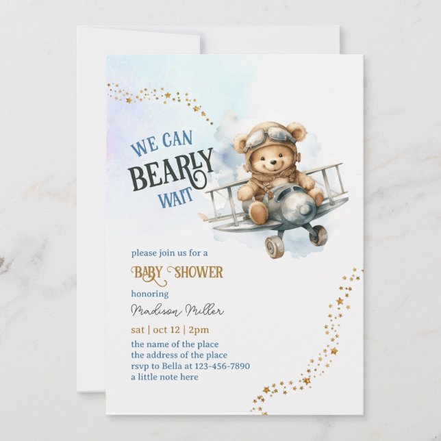  Cute Teddy Bear Aeroplane Baby Boy Shower Invitation (Front)