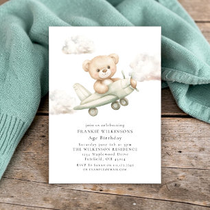 Cute Teddy Bear Aeroplane Watercolor Birthday  Invitation