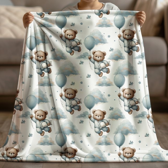Cute Teddy Bear and Balloons Watercolor Fleece Blanket (Creator Uploaded)