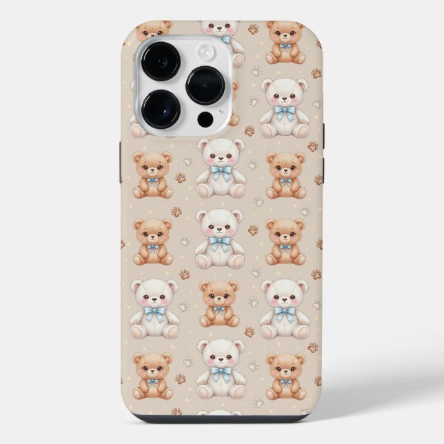 Cute Teddy Bear and Blue Bows Seamless Pattern iPhone Case (Back)