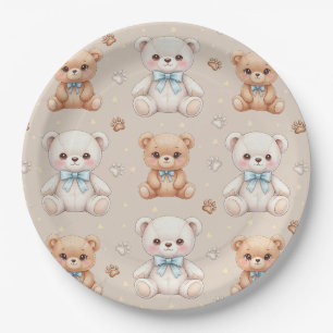 Cute Teddy Bear and Blue Bows Seamless Pattern Paper Plate