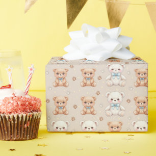 Cute Teddy Bear and Blue Bows Seamless Pattern Wrapping Paper