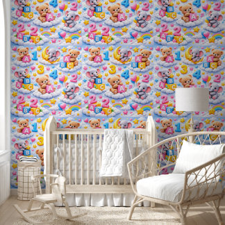 Cute teddy bear and elephant ABC clouds nursery wa Wallpaper