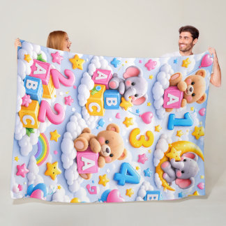 Cute teddy bear and elephant ABC numbers fleece bl Blanket