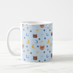 Cute Teddy Bear and Moon Pattern on Blue Gingham Coffee Mug