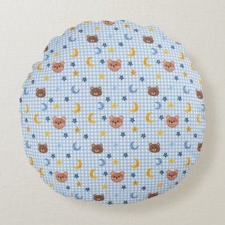 Cute Teddy Bear and Moon Pattern on Blue Gingham  Round Cushion