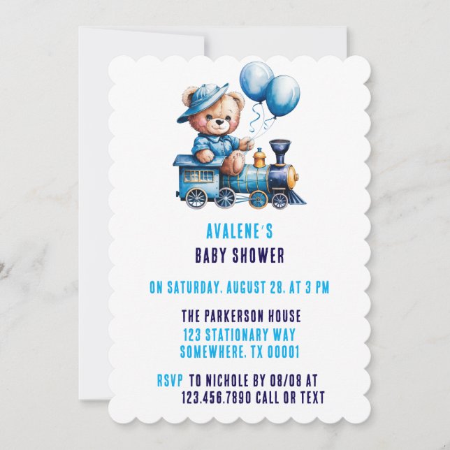 Cute Teddy Bear and Train Boy Baby Shower Invitation (Front)