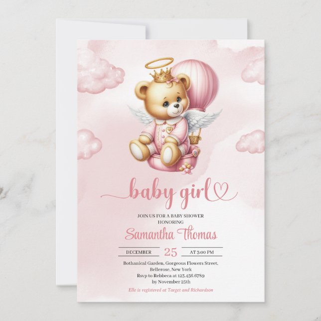 Cute Teddy bear angel hot air balloon girl Invitation (Front)