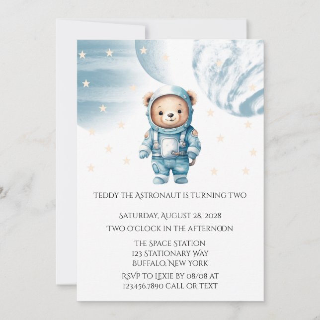 Cute Teddy Bear Astronaut Birthday Party Invitation (Front)