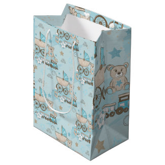 Cute teddy bear baby boy shower blue medium gift bag