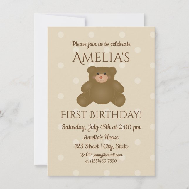 Cute Teddy Bear Baby First Birthday Invitation (Front)
