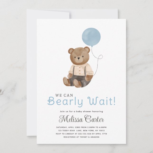 Cute Teddy Bear Baby Shower Boy Party Invitation (Front)