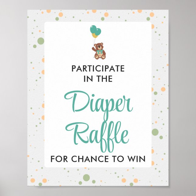 Cute Teddy Bear Baby Shower Diaper Raffle Game Poster (Front)