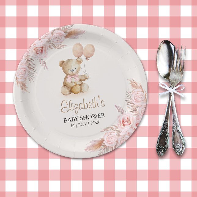 Cute Teddy Bear Baby Shower Girl Paper Plate (Creator Uploaded)
