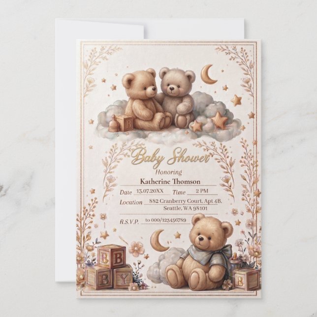 Cute Teddy Bear Baby Shower Invitation  (Front)