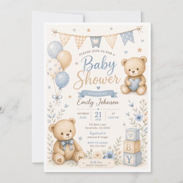 Cute Teddy Bear Baby Shower Invitation (Front)