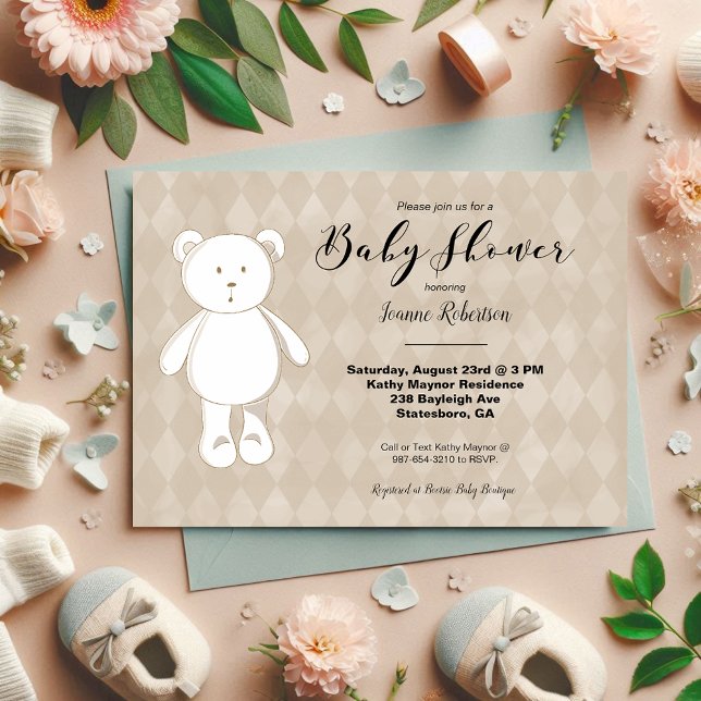 Cute Teddy Bear Baby Shower | Neutral Tan Argyle (Creator Uploaded)