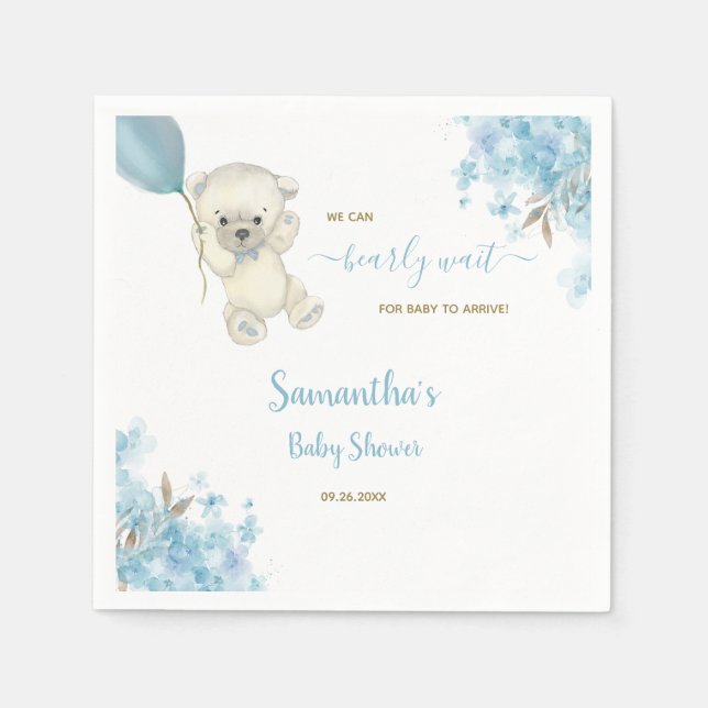 Cute Teddy Bear Baby Shower Watercolor Blue Boy Napkin (Front)