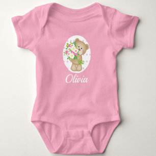 Cute Teddy Bear Baby's Name Gift in Pink  Baby Bodysuit