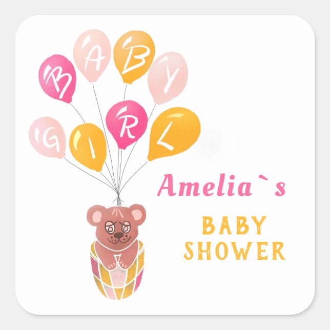 Cute Teddy Bear Balloon Baby Girl Baby Shower Square Sticker (Front)