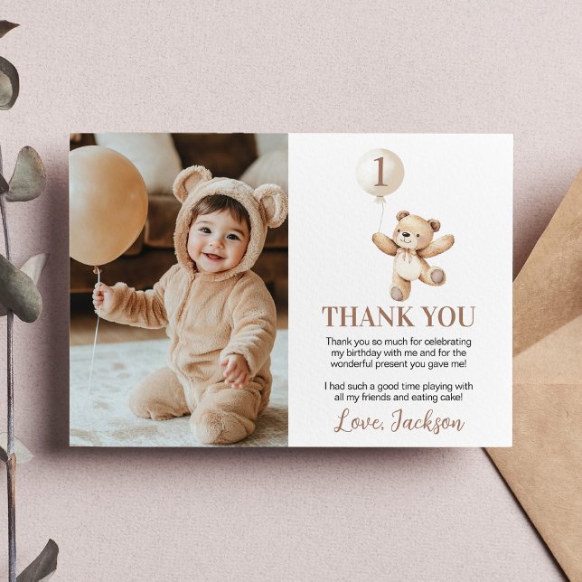 Cute Teddy Bear Balloon Beary Birthday Photo Thank You Card (Creator Uploaded)