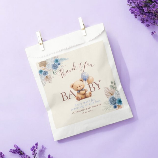 Cute Teddy Bear Balloon Boho Blue Rose Baby Shower Favour Bags (Creator Uploaded)