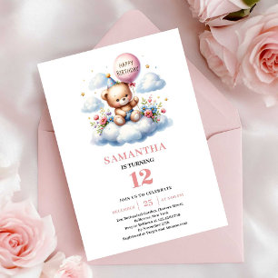 Cute teddy bear balloon design girl birthday  invitation