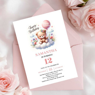 Cute teddy bear balloon flowers girl birthday  invitation