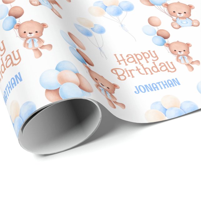 Cute Teddy Bear Balloon Kids Birthday Wrapping Paper (Roll Corner)