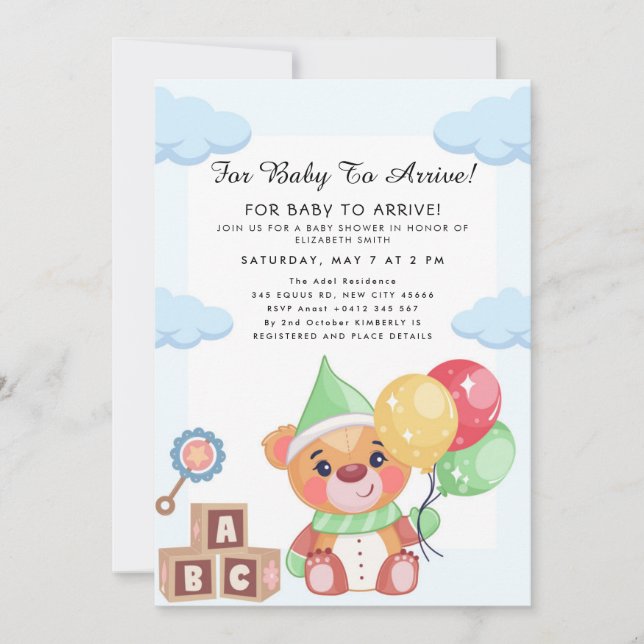 Cute Teddy Bear Balloon Theme Invitation (Front)