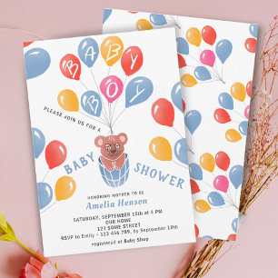 Cute Teddy Bear Balloons Baby Boy Baby Shower  Invitation