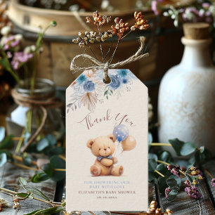 Cute Teddy Bear Balloons Boho Blue Rose Floral  Gift Tags