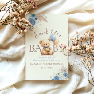 Cute Teddy Bear Balloons Boho Blue Rose Floral Thank You Card