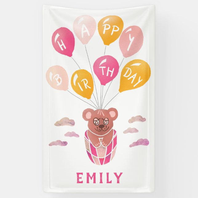 Cute Teddy Bear Balloons Girl Birthday Party  Banner (Vertical)