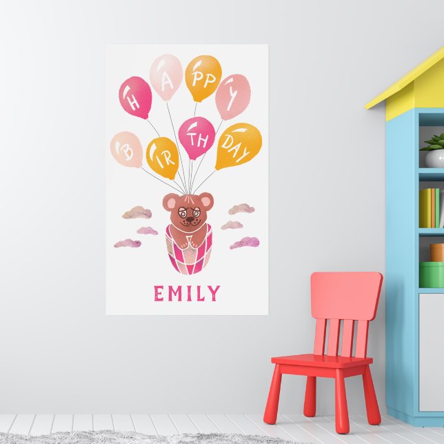 Cute Teddy Bear Balloons Girl Birthday Party  Poster (Nursery 1)