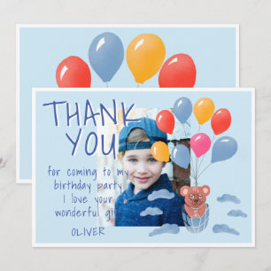 Cute Teddy Bear Balloons Kids Birthday Photo Thank You Card