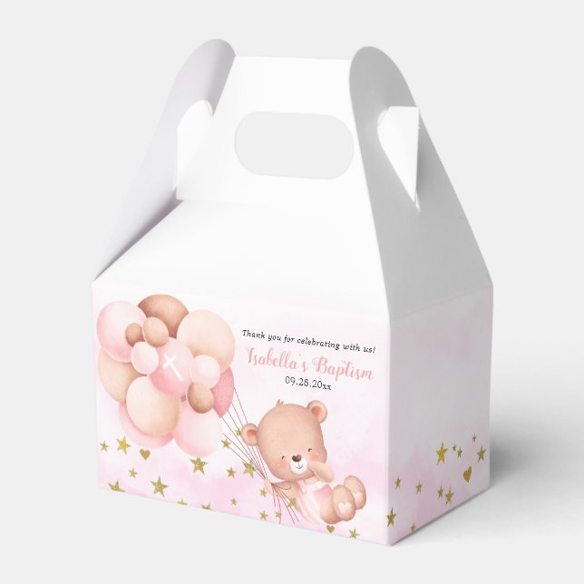 Cute Teddy Bear & Balloons Pink Girl Baptism Favour Box (Front Side)
