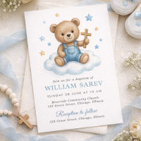 Cute Teddy Bear Baptism Design with Blue Stars 