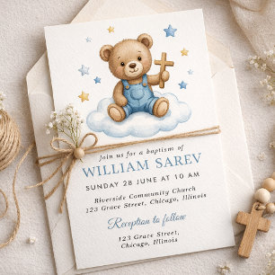 Cute Teddy Bear Baptism Design with Blue Stars  Invitation