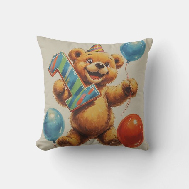 Cute Teddy Bear Birthday Celebration Cushion (Front)