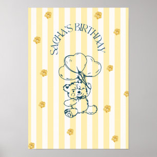 Cute Teddy Bear Birthday Poster with Balloon