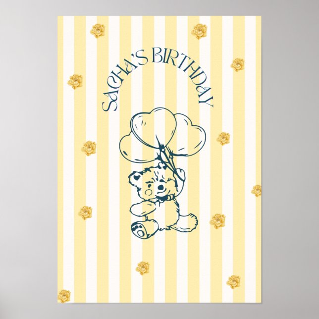 Cute Teddy Bear Birthday Poster with Balloon (Front)