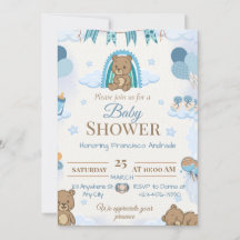 Cute Teddy Bear Blue Baby Shower Invitation