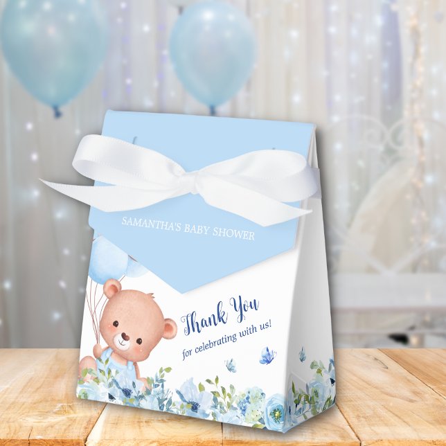 Cute Teddy Bear Blue Ballons Boys Baby Shower Favour Box (Cute teddy bear with blue balloons, flowers and butterflies favor box for baby boy baby shower)