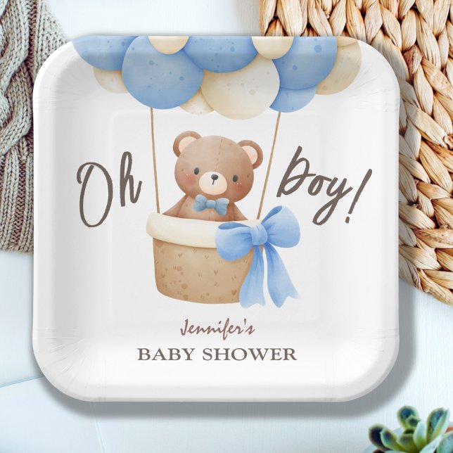Cute Teddy Bear Blue Balloon Baby Shower  Paper Plate (Creator Uploaded)