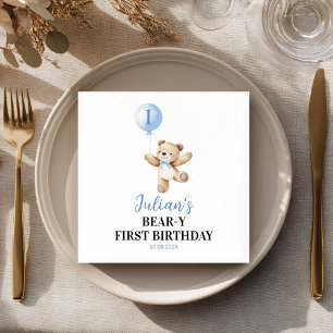 Cute Teddy Bear Blue Balloon Beary Birthday Napkin